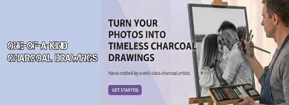 Custom charcoal drawing featuring an artist hand‑drawing a detailed couple’s portrait from a photo.